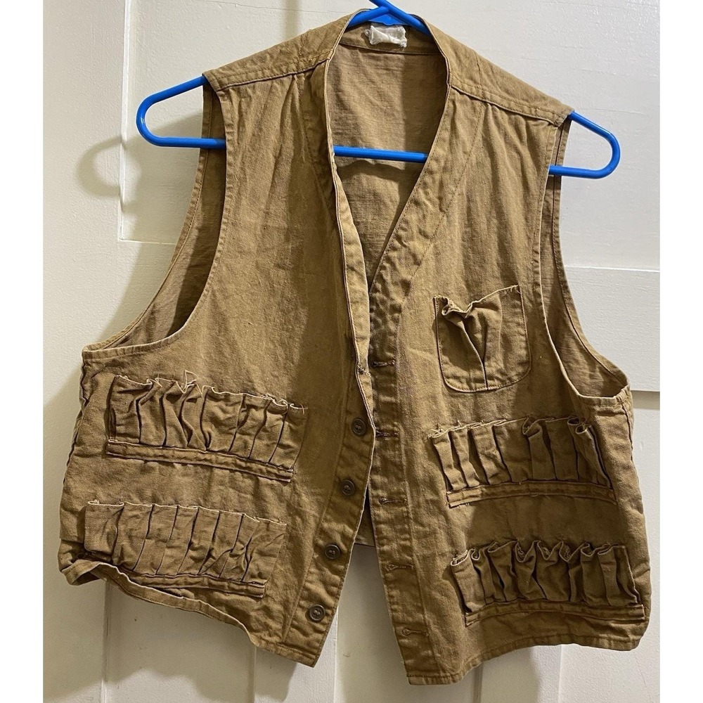 Vintage Riffle Hunting Vest Circa 1940‎ Sz Large Tan Thick Linen Fabric